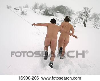 Stock Photo - naked couple running  in the snow. fotosearch  - search stock  photos, pictures,  images, and photo  clipart