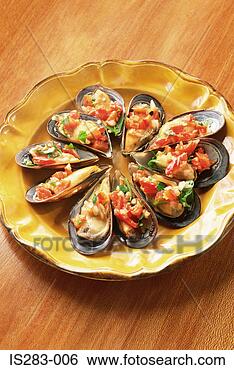 Stock Photo - mussels and salsa. 
fotosearch - search 
stock photos, 
pictures, images, 
and photo clipart