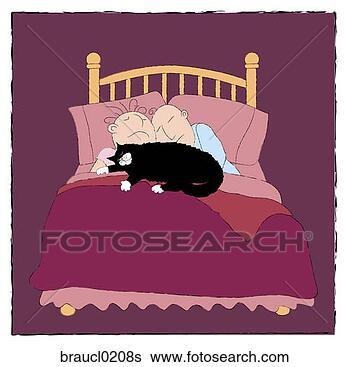 - couple sleeping in bed with cat. fotosearch - search clipart ...