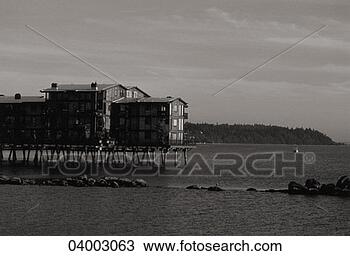 Stock Photo - modern apartments 
built on a pier, 
black and white. 
fotosearch - search 
stock photos, 
pictures, images, 
and photo clipart