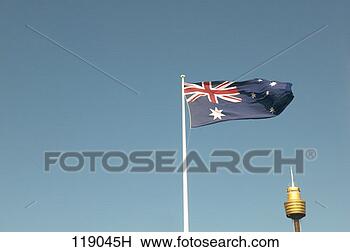 Stock Photo - low angle view 
of the australian 
flag with sydney 
tower in the. 
fotosearch - search 
stock photos, 
pictures, images, 
and photo clipart
