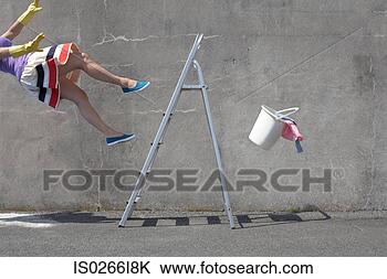 Stock Photo - woman falling  off a ladder.  fotosearch - search  stock photos,  pictures, images,  and photo clipart