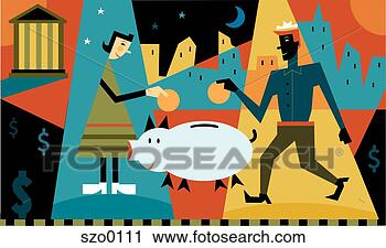 Clipart - man and woman 
depositing coins 
in a piggy bank. 
fotosearch - search 
clipart, illustration, 
drawings and vector 
eps graphics images