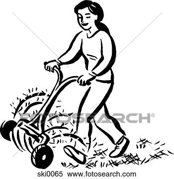 Stock Illustration - woman cutting 
the lawn b&w. 
fotosearch - search 
clipart, illustration, 
drawings and vector 
eps graphics images