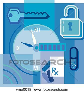 Stock Illustration - lock and key, 
pills, clock. 
fotosearch - search 
clipart, illustration, 
drawings and vector 
eps graphics images