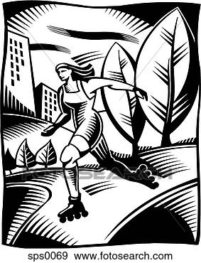 Stock Illustration - a black and white 
illustration of 
a woman rollerblading 
in a park. fotosearch 
- search clipart, 
illustration, 
drawings and vector 
eps graphics images