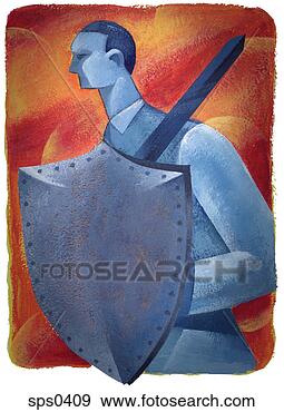 Stock Illustration - a businessman 
carrying a shield 
and sword. fotosearch 
- search clipart, 
illustration, 
drawings and vector 
eps graphics images