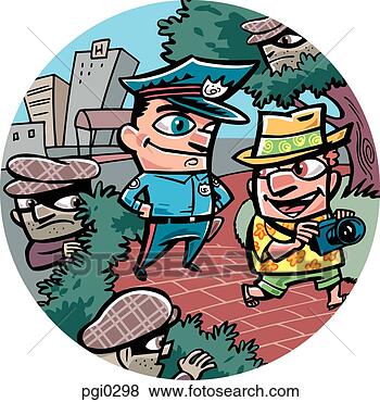 Stock Illustration - an oblivious tourist 
being watched 
by thieves and 
a policeman. fotosearch 
- search clipart, 
illustration, 
drawings and vector 
eps graphics images