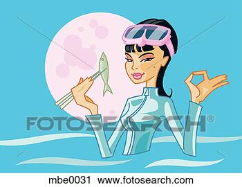 Clipart - a woman in wetsuit 
eating fresh sushi. 
fotosearch - search 
clipart, illustration, 
drawings and vector 
eps graphics images