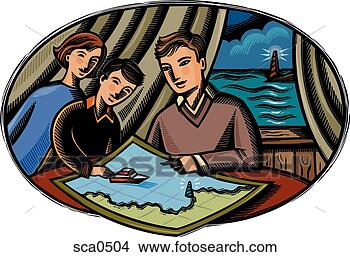 Stock Illustration - a father teaching 
his children how 
to read nautical 
charts. fotosearch 
- search clipart, 
illustration, 
drawings and vector 
eps graphics images