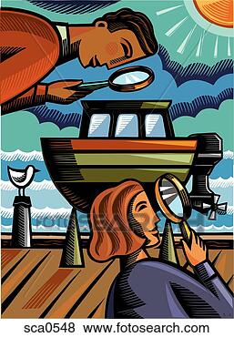 Stock Illustration - a man and woman 
inspecting a boat 
with magnifying 
glasses. fotosearch 
- search clipart, 
illustration, 
drawings and vector 
eps graphics images