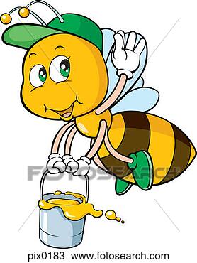 Drawing - a flying bee holding a pot of honey. fotosearch - search clipart, illustration, drawings and vector eps graphics images