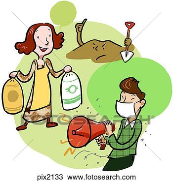 Desenho - montagem, mulher,  solo, estrume,  doente, blowhorn.  fotosearch - busca  de ilustrações  clipeart e desenhos