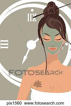 Stock Illustration - a woman with a 
facial mud mask 
and a clock behind 
her. fotosearch 
- search clipart, 
illustration, 
drawings and vector 
eps graphics images