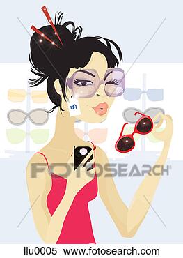 Banque d'Illustrations - femme, essayer, 
diff�rent, lunettes. 
fotosearch - recherchez 
des cliparts, 
des illustrations, 
des dessins et 
des images vectoris�es 
au format eps