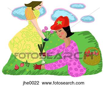 Clip Art - two women gardening. 
fotosearch - search 
clipart, illustration, 
drawings and vector 
eps graphics images