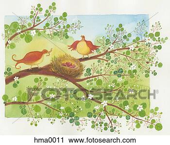 Clipart - two birds sitting 
in a tree with 
a nest. fotosearch 
- search clipart, 
illustration posters, 
drawings and vector 
eps graphics images
