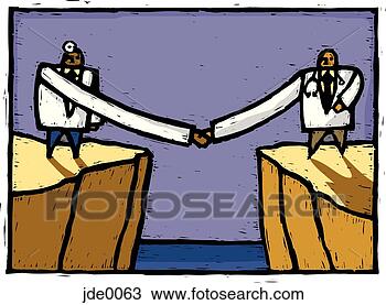 Drawing - doctors shaking 
hands over a chasm. 
fotosearch - search 
clipart, illustration, 
drawings and vector 
eps graphics images