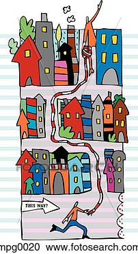 Stock Illustration - two people working 
together to walk 
through a maze 
of houses. fotosearch 
- search clipart, 
illustration, 
drawings and vector 
eps graphics images