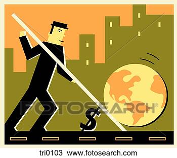 Drawing - man proping up  the world with  a dollar sign,  global economy.  fotosearch - search  clipart, illustration,  drawings and vector  eps graphics images