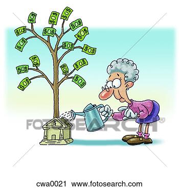 Clipart - an old woman watering 
money plant that 
is growing from 
a bank. fotosearch 
- search clipart, 
illustration, 
drawings and vector 
eps graphics images