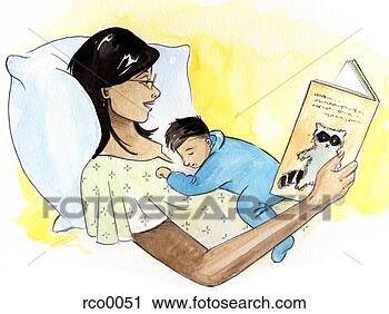 Clipart of A woman reading a book in bed while her baby sleeps on her ...