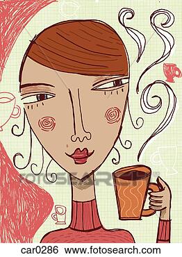 Femme, tenue, tasse, boisson Voir Illustration Grand Format Banque d'Illustrations - femme, tenue, tasse, boisson. fotosearch - recherchez des cliparts, des illustrations, des dessins et des images vectorisées au format eps