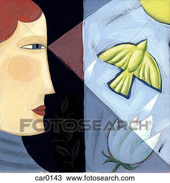 Drawing - profile of a woman 
looking at a dove 
flying toward 
the sun. fotosearch 
- search clipart, 
illustration, 
drawings and vector 
eps graphics images