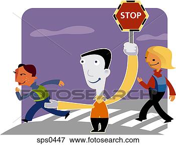 Stock Illustration - a man holds up 
a 'stop' sign 
at a crosswalk 
to let children 
cross the. fotosearch 
- search clipart, 
illustration, 
drawings and vector 
eps graphics images