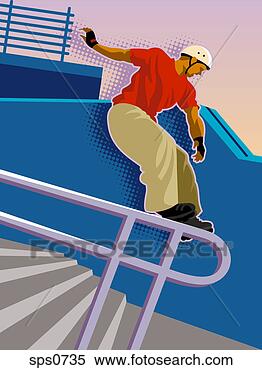 Stock Illustration - a in-line skater 
sliding down a 
railing. fotosearch 
- search clipart, 
illustration, 
drawings and vector 
eps graphics images