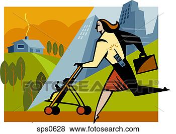 Stock Illustration - a businesswoman 
walking with her 
daughter in a 
stroller. fotosearch 
- search clipart, 
illustration, 
drawings and vector 
eps graphics images