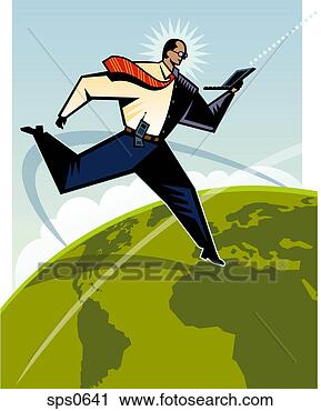 Clipart - a man leaping 
over the globe 
while using a 
laptop. fotosearch 
- search clipart, 
illustration, 
drawings and vector 
eps graphics images