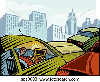 Stock Illustration - a woman doing 
work while in 
traffic. fotosearch 
- search clipart, 
illustration, 
drawings and vector 
eps graphics images