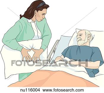 Drawings of Elderly male patient in hospital bed watches nurse ...