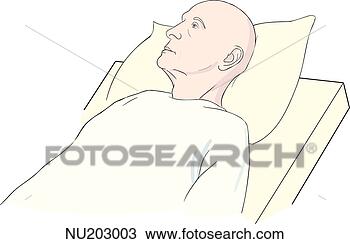 Drawing of Elderly male patient in hospital bed, shown from waist up ...