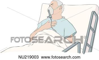 Elderly man with oxygen mask lying in hospital bed in pain. View Large ...