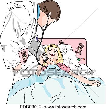Clip Art - drawing of male doctor examining laughing girl lying in bed ...