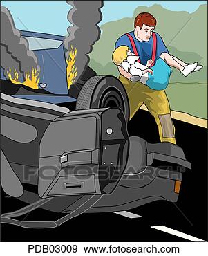 Stock Illustration - drawing showing 
paramedic carrying 
child from burning 
auto accident. 
fotosearch - search 
clipart, illustration, 
drawings and vector 
eps graphics images
