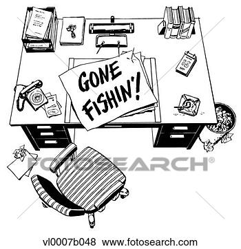Clip Art - office desk with gone fishin'! sign. fotosearch - search clipart, illustration, drawings and vector eps graphics images