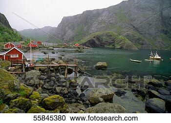 Stock Photography - boats in water 
near a village, 
nusfjord, lofoten 
islands, norway. 
fotosearch - search 
stock photos, 
pictures, images, 
and photo clipart
