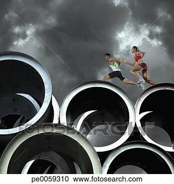 Stock Photography - two relay runners 
going across large 
cylinders. fotosearch 
- search stock 
photos, pictures, 
images, and photo 
clipart