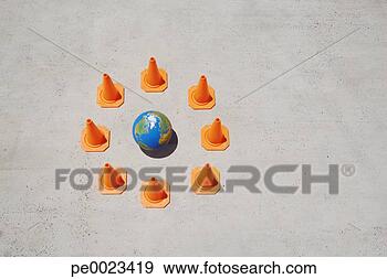 Stock Photograph - aerial view of 
globe with safety 
cones. fotosearch 
- search stock 
photos, pictures, 
images, and photo 
clipart