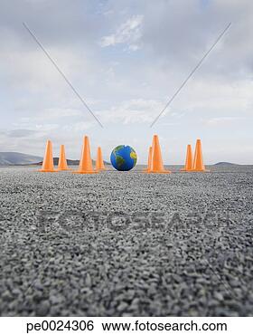 Stock Photo - globe on gravel 
outdoors surrounded 
by traffic cones. 
fotosearch - search 
stock photos, 
pictures, images, 
and photo clipart