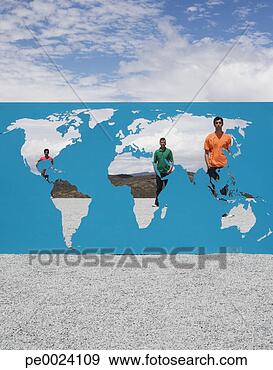Stock Photograph - three men standing 
behind world map 
outdoors. fotosearch 
- search stock 
photos, pictures, 
images, and photo 
clipart