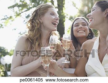 Banco de Imagem - três,  mulheres, 
 ao ar livre, 
 partido,  champanhe, 
 sorrindo. fotosearch 
- busca de fotos, 
imagens e clipart