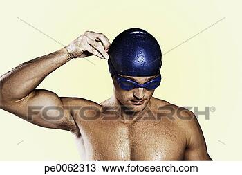 Banco de Imagem - molhados,  nadador, 
 óculos proteção, 
 levando,  boné, 
 desligado. fotosearch 
- busca de fotos, 
imagens e clipart