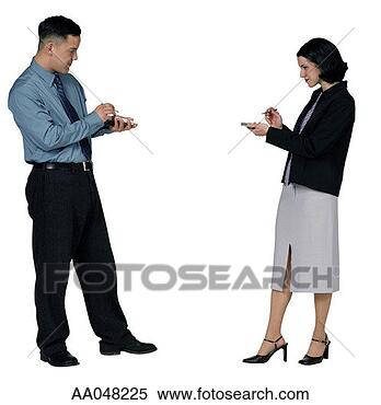 Stock Image - businessman and 
businesswoman 
sending information 
through pdas. 
fotosearch - search 
stock photos, 
pictures, images, 
and photo clipart