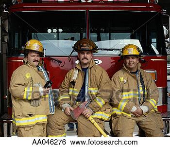 Stock Photo - portrait of three 
firefighters on 
fire engine. fotosearch 
- search stock 
photos, pictures, 
images, and photo 
clipart