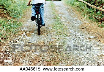 Stock Image - rear view of boy 
riding bike along 
dirt path. fotosearch 
- search stock 
photos, pictures, 
images, and photo 
clipart