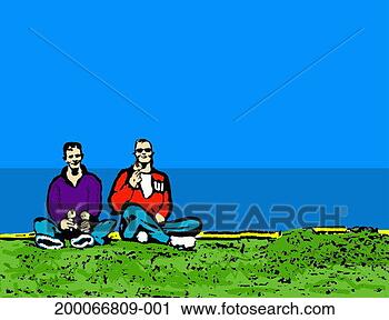 Stock Photography - two men sitting 
on grass with 
ice creams. fotosearch 
- search stock 
photos, pictures, 
images, and photo 
clipart
